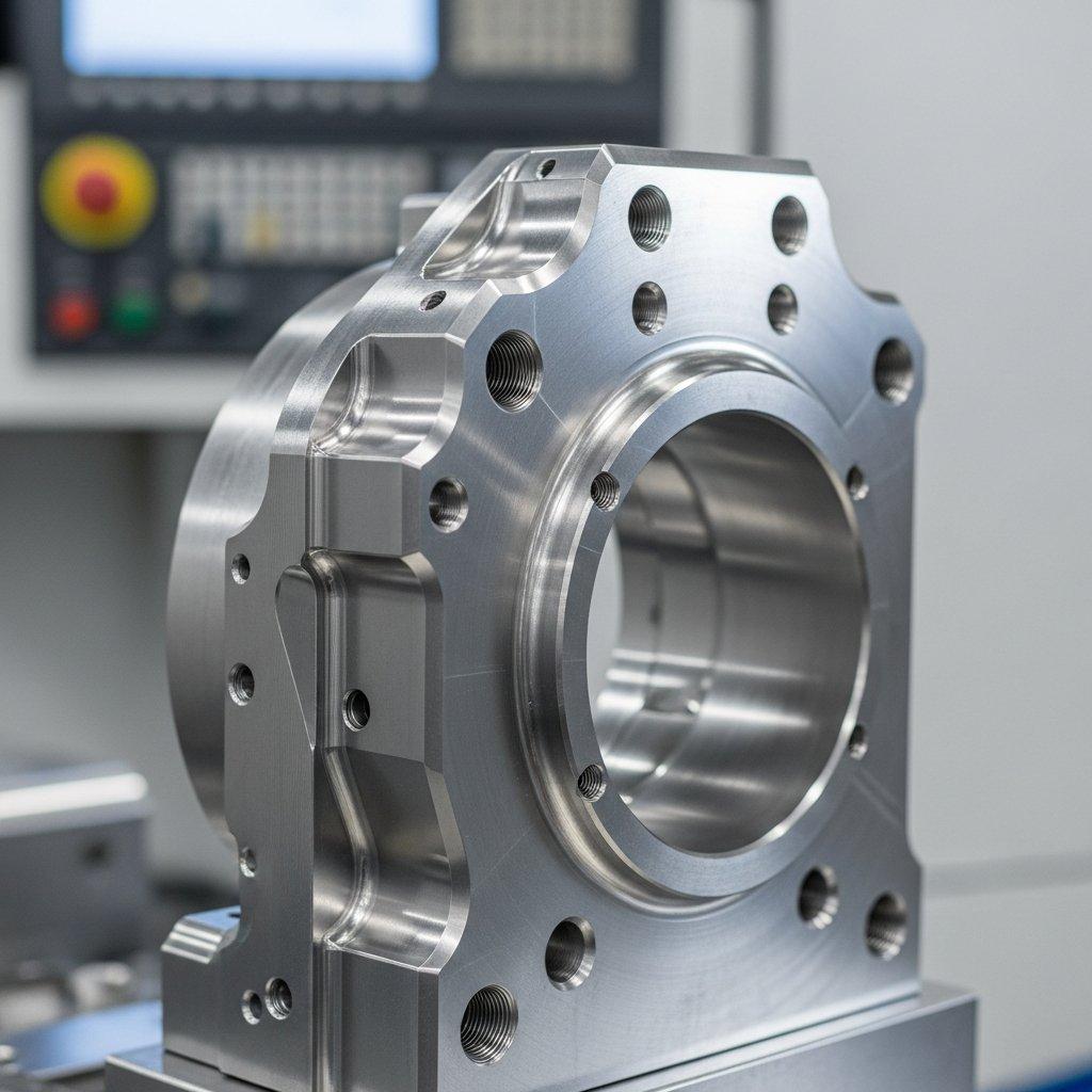 Mükemmel işlenmiş, yüksek çözünürlüklü yakın çekim görüntü, ışığı net şekilde yansıtan, son derece pürüzsüz, aynalı yüzeyli ve detayların ve sık toleransların görülebildiği havacılık sınıfı alüminyum veya titanyum metal parça. Modern CNC makinenin detayları arka planda hafifçe bulanıklaşmış şekilde.