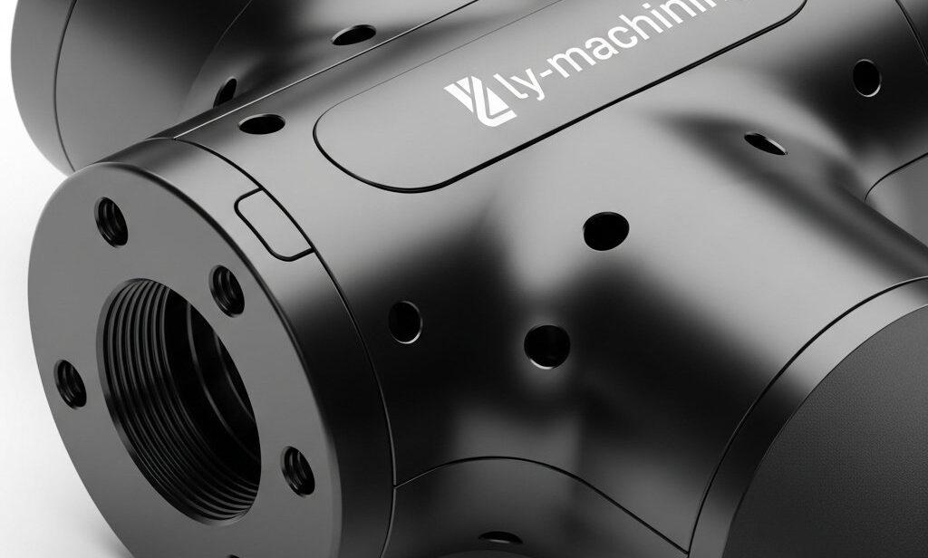 Una toma cercana, en alta resolución en estudio, de una carcasa de pistola de masaje de aluminio anodizado negro mate y elegante. Presenta curvas intrincadas, orificios perforados con precisión y destaca el ajuste perfecto de los componentes, reflejando ingeniería de primera calidad y una experiencia táctil superior. Un sutil logo de 'ly-machining' está grabado en la superficie.