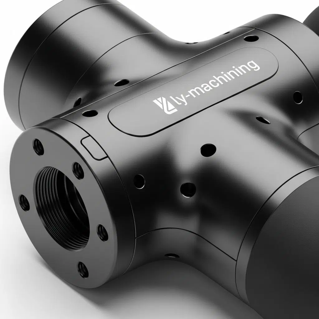 Un gros plan, une photo de studio haute résolution d'un boîtier de pistolet de massage en aluminium anodisé noir mat élégant. Il présente des courbes complexes, des trous percés avec précision et met en évidence un ajustement parfait des composants, reflétant une ingénierie de qualité supérieure et une expérience tactile supérieure. Un logo subtil 'ly-machining' est gravé sur la surface.