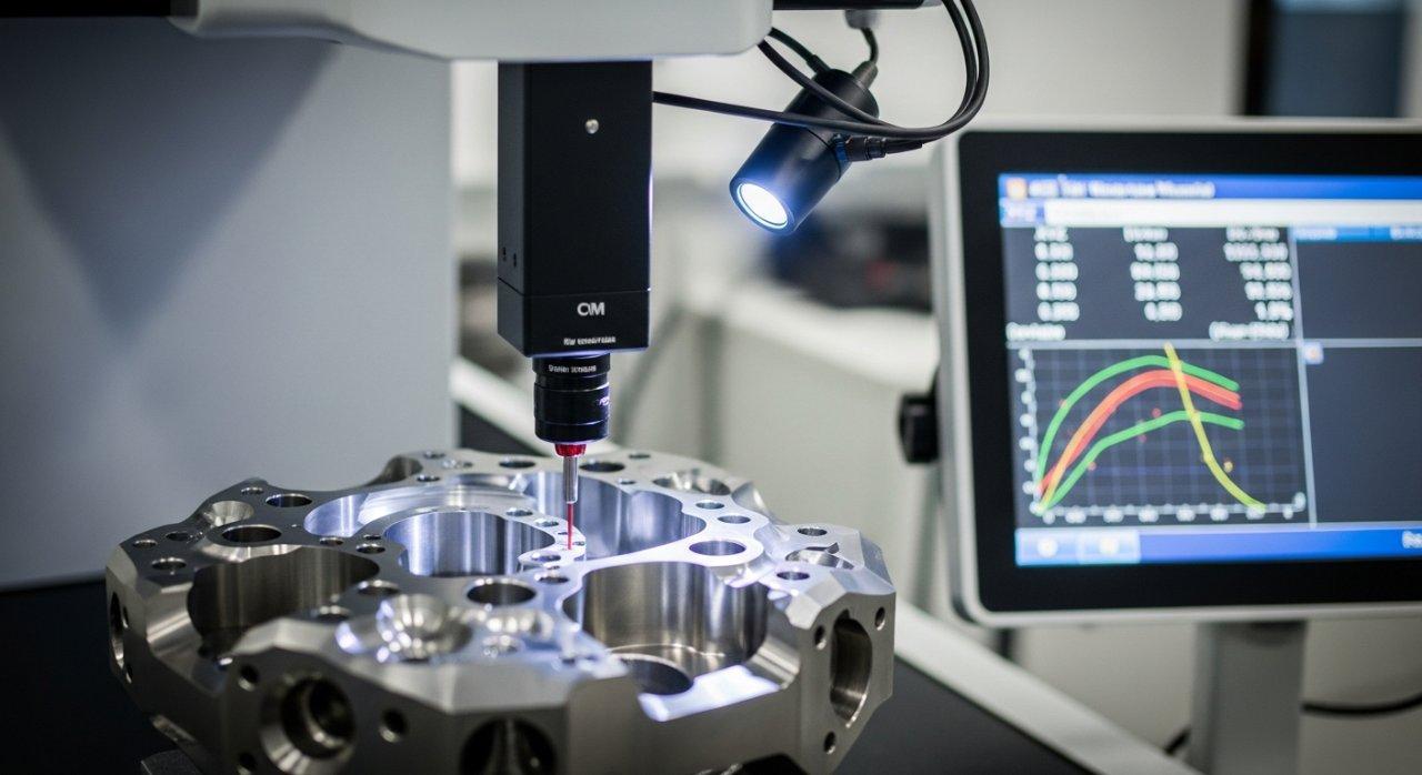 Eine Nahaufnahme eines Koordinatenmessgeräts (CMM), das ein komplexes, hochwertiges CNC-gefertigtes Bauteil präzise vermisst. Das digitale Display zeigt detaillierte Daten