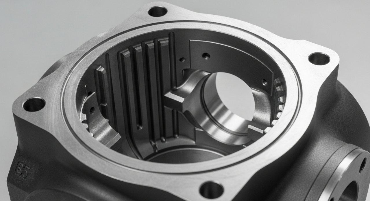 Un gros plan d'un composant de prototype de machine industrielle lourde, usiné avec expertise à partir d'un bloc robuste d'acier. Cette pièce complexe, pouvant être un boîtier de boîte de vitesses ou un corps de valve, met en avant la précision de l'ingénierie avec ses trous internes lisses, ses canaux internes complexes et ses caractéristiques externes solides et définies, illustrant la capacité à produire des composants grands, durables et précis pour des applications industrielles exigeantes.