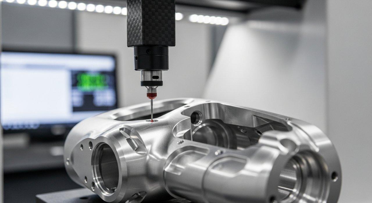 Temiz, iyi aydınlatılmış bir kalite kontrol laboratuvarında, bir Koordinat Ölçme Makinesi (CMM) probunun karmaşık bir CNC ile işlenmiş metal parçanın, muhtemelen premium bir masaj tabancası kasasının karmaşık yüzeyine dokunup hassas bir şekilde incelediği yakın çekim bir fotoğraf. Bu görüntü, hassas ölçümü ve gelişmiş üretim denetim süreçlerini örneklendiriyor.