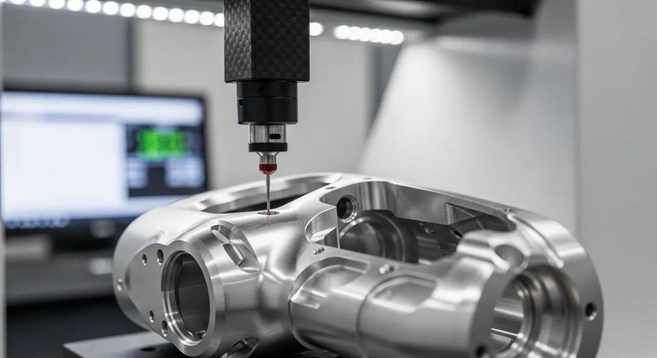 Temiz, iyi aydınlatılmış bir kalite kontrol laboratuvarında, bir Koordinat Ölçme Makinesi (CMM) probunun karmaşık bir CNC ile işlenmiş metal parçanın, muhtemelen premium bir masaj tabancası kasasının karmaşık yüzeyine dokunup hassas bir şekilde incelediği yakın çekim bir fotoğraf. Bu görüntü, hassas ölçümü ve gelişmiş üretim denetim süreçlerini örneklendiriyor.