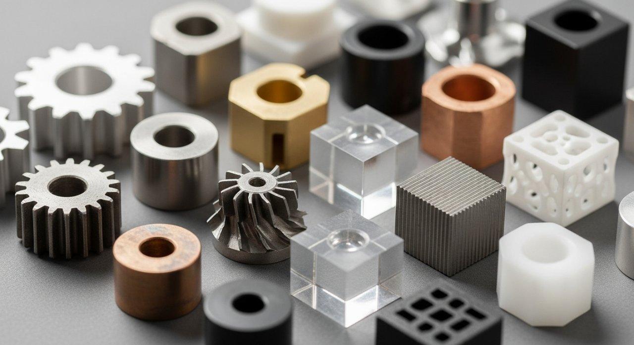 Une photographie en gros plan présentant une collection diversifiée d'échantillons précis, usinés au CNC, fabriqués à partir de différents matériaux, notamment l'aluminium, l'acier inoxydable, le laiton et divers plastiques. L'image met en évidence leurs textures de surface distinctes et leurs finitions uniques, démontrant la fabrication de précision et la polyvalence des matériaux.