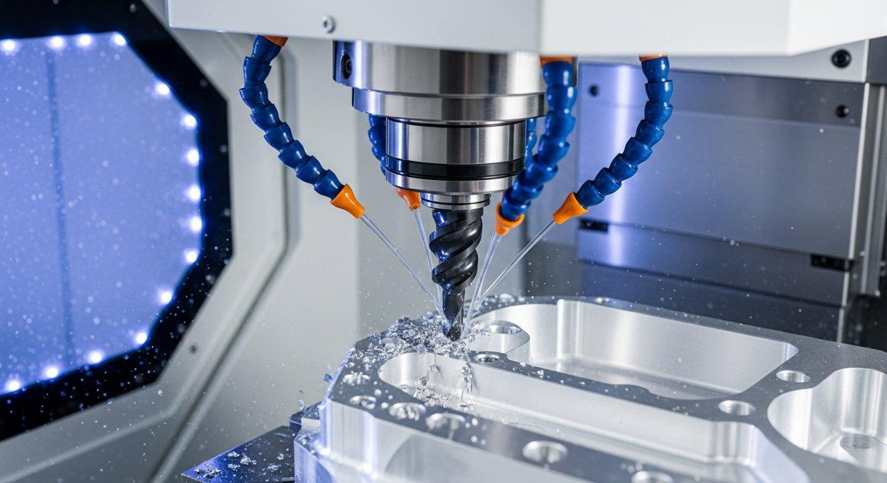 Eine Nahaufnahme eines modernen 5-Achs-CNC-Bearbeitungszentrums, das aktiv eine komplexe, hochpräzise Metallkomponente fräst. Präzisionskühlmittel ist sichtbar auf dem