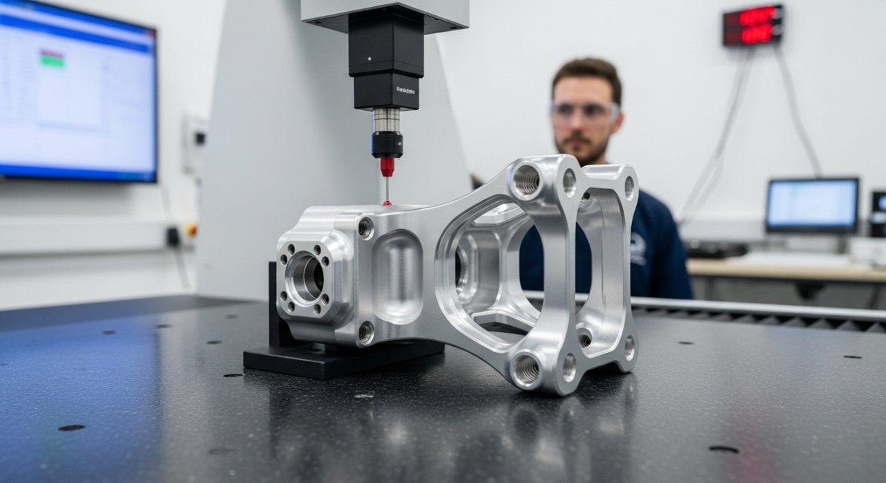 İklim kontrollü bir inceleme odasında, kritik ölçüm işlemi gören CNC ile hassas şekilde işlenmiş drone gimbal montajının yakın çekim görüntüsü. Yetkin bir teknisyen, karmaşık süreci monitörde izliyor.