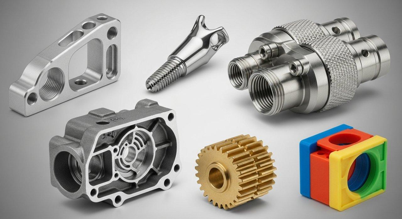 A collage of 5-7 diverse, high-precision CNC machined parts, including an aerospace bracket, medical implant component, complex industrial connector, and automotive engine part. Each piece showcases exceptional surface finish and intricate detail across various materials, highlighting our versatile manufacturing capabilities.