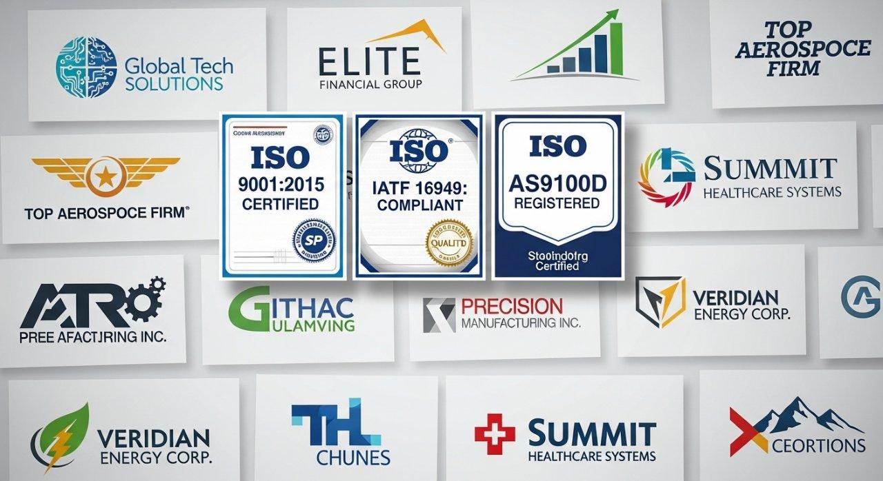 Güvenilir müşteri logoları ve ISO 9001, IATF 16949 ve AS9100 gibi temel sektör sertifikalarının kolajı, yüksek kalite standartlarını ve geniş sektör uzmanlığını gösteriyor.