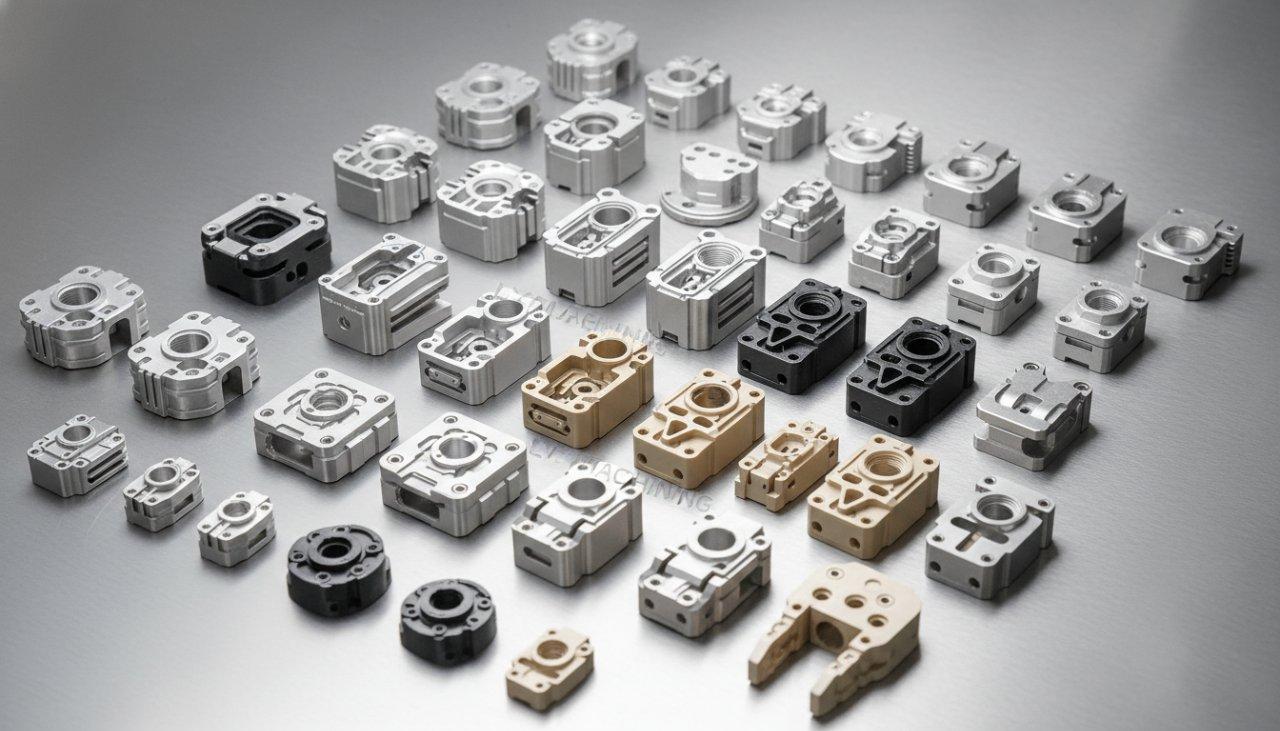 A collection of CNC machined robot components, featuring various designs of precision micro-milled sensor housings crafted from diverse materials