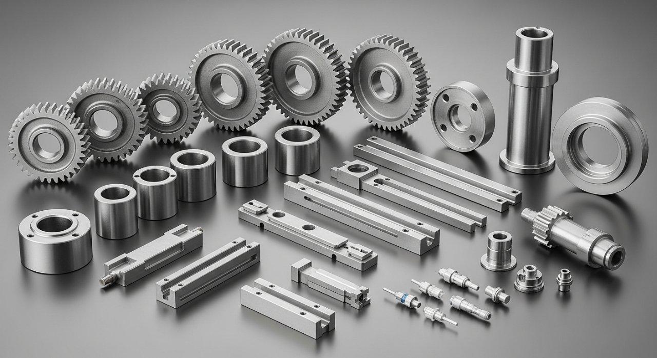 Una colección de componentes de POM mecanizados con precisión mediante CNC, dispuestos meticulosamente para mostrar engranajes intrincados, bujes suaves, mecanismos de deslizamiento precisos y partes vitales de dispositivos médicos. Cada componente presenta un acabado superficial excelente, detalles limpios y una artesanía superior, destacando capacidades avanzadas de mecanizado de plásticos.