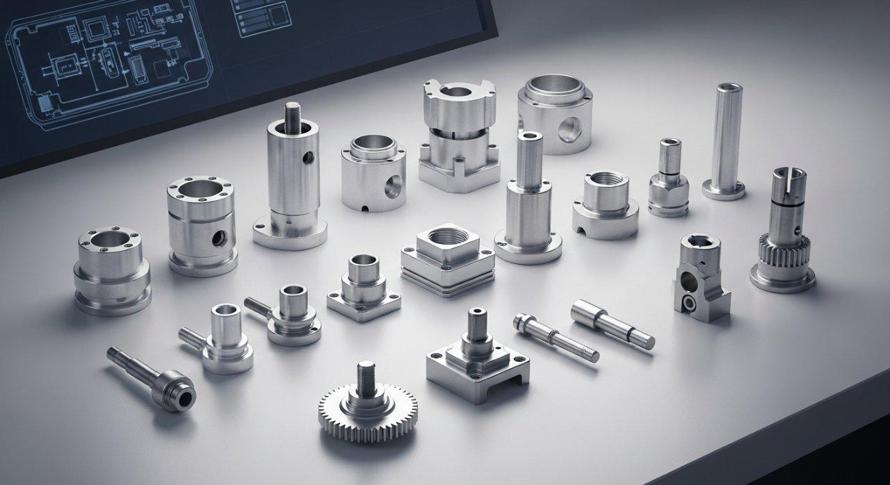 A collection of small, finely detailed CNC machined components, featuring precision metal and plastic parts engineered for assembly and system integration in advanced robotics or consumer electronics applications.