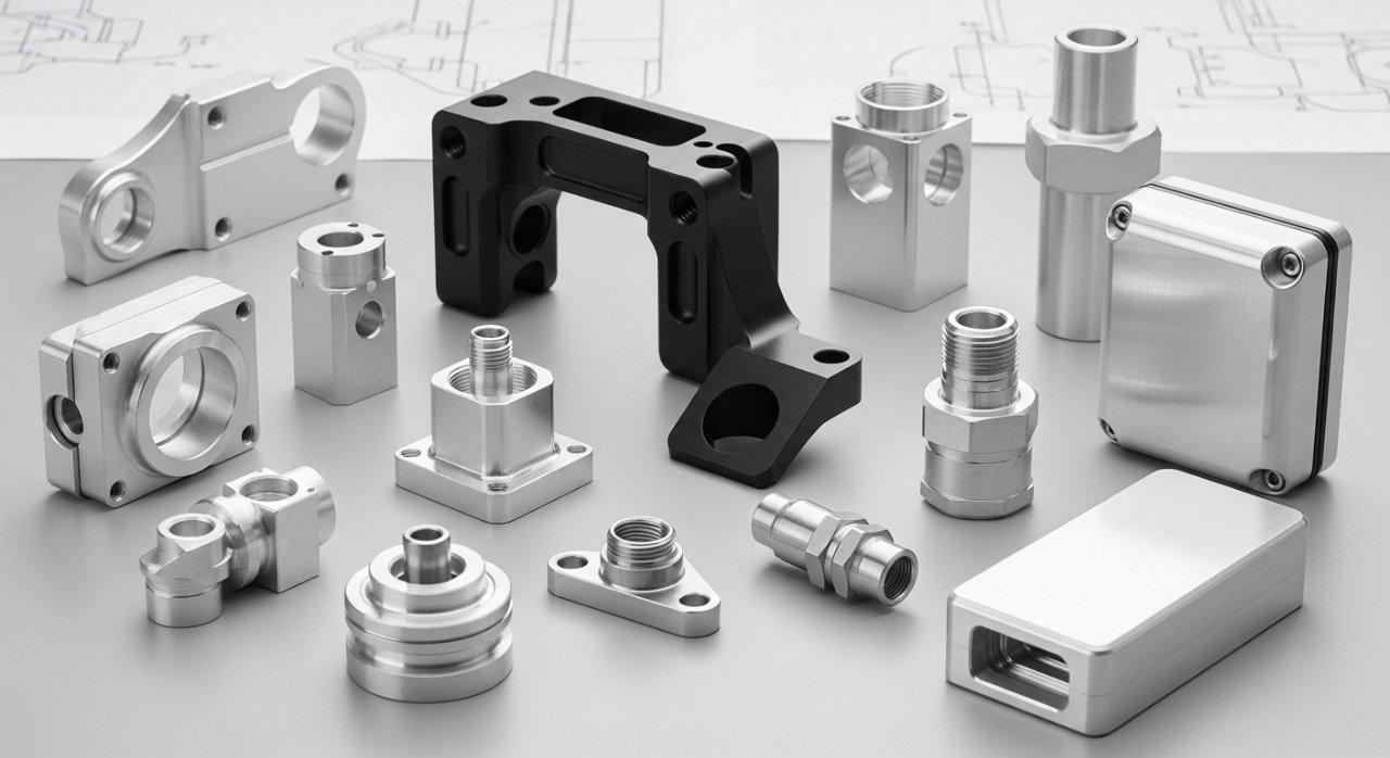 A collection of various high-precision CNC machined aluminum parts, neatly arranged against a clean, technical background. The parts exhibit different surface finishes and complex geometries, including aerospace brackets, automotive sensor components, and electronic enclosures, showcasing advanced manufacturing capabilities.