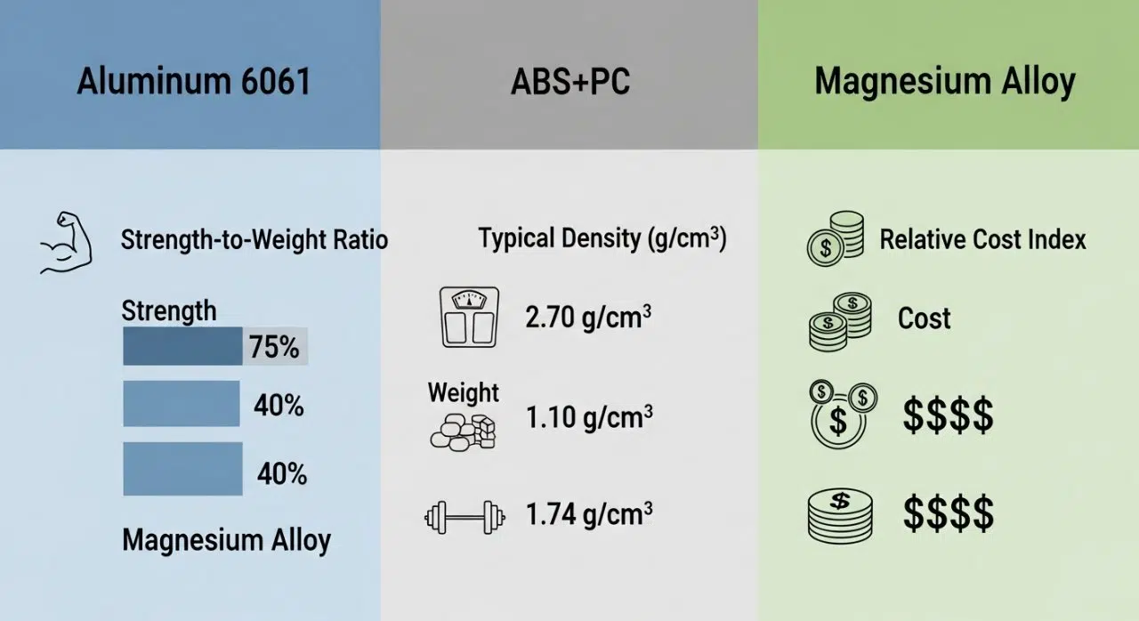 Üç yaygın masaj tabancası kasası malzemesini detaylandıran karşılaştırmalı bir infografik: Alüminyum 6061, ABS+PC ve Magnezyum Alaşımı. Grafik, her malzemenin mukavemet-ağırlık oranını (bir çubuk grafik ile gösterilir), tipik yoğunluğunu (g/cm³) ve göreceli maliyet indeksini, mukavemet, ağırlık ve maliyet için farklı simgeler kullanarak karşılaştırır.