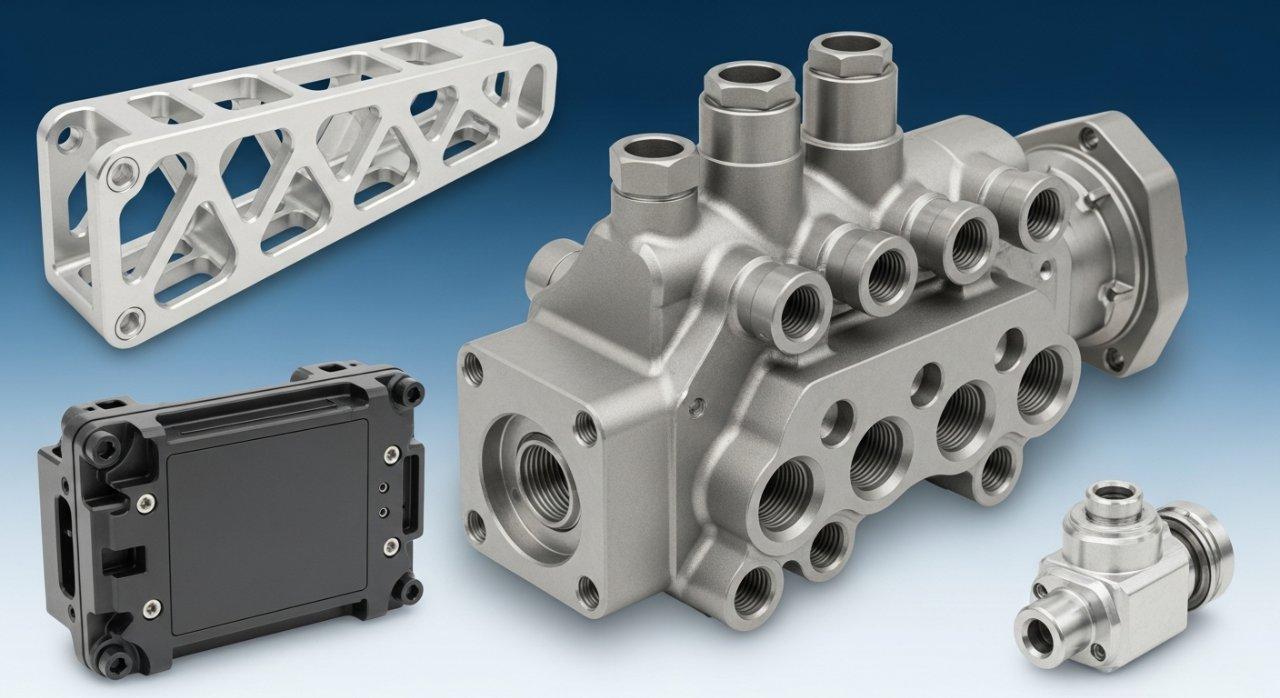 Une collage captivante présentant des composants aérospatiaux complexes usinés en CNC : une bride en aluminium légère à structure en treillis ; un collecteur hydraulique en titane complexe avec de nombreux ports ; un boîtier d'avionique en plastique composite ou similaire à haute résistance ; et un petit boîtier de capteur usiné avec précision. Les pièces sont disposées pour mettre en valeur leurs géométries complexes et la diversité des matériaux utilisés dans la prototypage aérospatial, sur un fond bleu subtil.