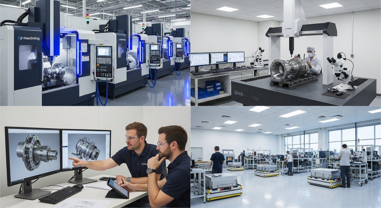 Ly-machining'in en gelişmiş üretim tesisini sergileyen kapsamlı kolaj. Görüntüler yüksek hassasiyetli CNC makinelerinin çalışmasını, mükemmelliği sağlayan temiz kalite kontrol laboratuvarını ve yenilikçi çözümler tasarlayan yetenekli mühendisleri içermekte, üstün teknolojik kabiliyet, temizlik ve hassas mühendisliği öne çıkarmaktadır.