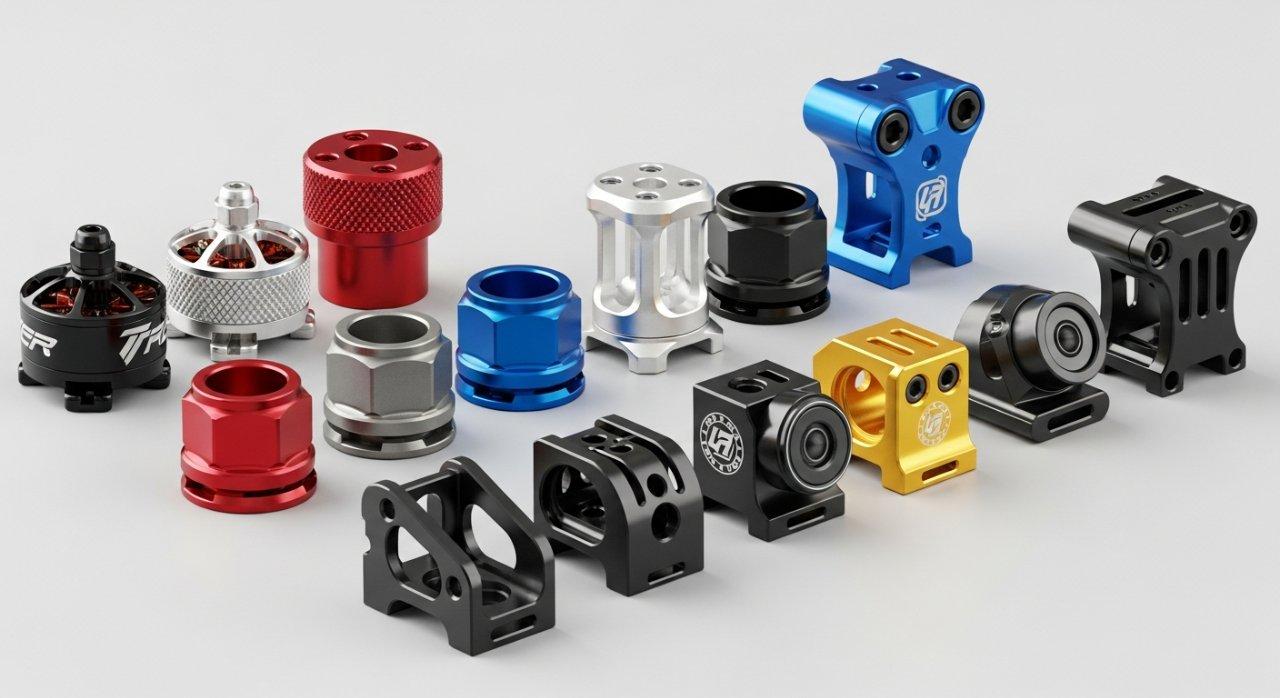 Özenle seçilmiş, küçük, hassas CNC ile işlenmiş drone bileşenlerinden oluşan koleksiyon; çeşitli parlak ve anodize kaplamalar sergileniyor. Karmaşık tasarımlar ve ince detaylar her parçada belirgin şekilde görünmekte, temiz bir yüzeyde şık bir şekilde düzenlenmiş olup kalite ve ustalığı vurgulamaktadır.