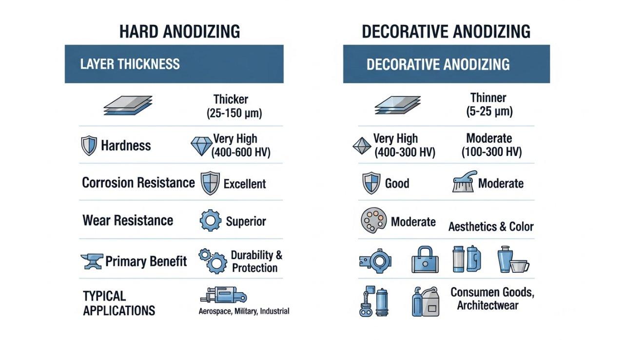 Detaillierte Vergleichstabelle, die die wichtigsten Unterschiede zwischen Harteloxieren und Dekoratives Eloxieren aufzeigt. Das Vektorgrafik-Diagramm vergleicht Eigenschaften wie Schichtdicke, Härte, Korrosionsbeständigkeit, Verschleißfestigkeit, Hauptvorteil und typische Anwendungen für jeden Eloxierungstyp.