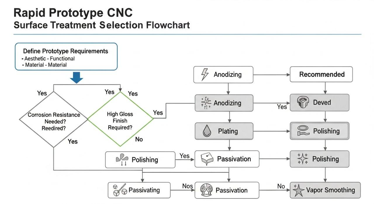 Hızlı prototip CNC yüzey işlemi seçiminde karar verme akış diyagramını gösteren detaylı infografik vektör grafiği. Akış diyagramı, kullanıcıları ilk prototip gereksinimlerini (estetik, fonksiyonel, malzeme) tanımlamaktan "Korozyon Direnci Gerekli mi?" ve "Yüksek Parlaklık Bitişi Gerekli mi?" gibi temel sorulara yönlendirir ve Anodizasyon, Kaplama ve Parlatma gibi önerilen işlem seçeneklerine götürür, her biri küçük açıklayıcı ikonlarla birlikte.