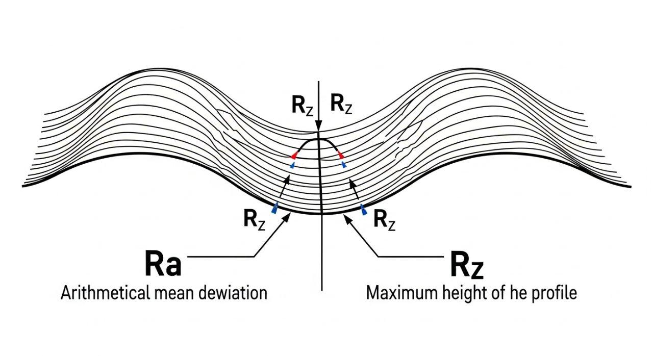 Une illustration vectorielle détaillée montrant les paramètres clés du profil de surface. L'image montre une surface ondulée avec une ligne centrale, marquant clairement les pics et les vallées. Des étiquettes et flèches indiquent de manière visible les points de mesure pour Ra (déviation moyenne arithmétique) et Rz (hauteur maximale du profil), expliquant ces métriques fondamentales de la rugosité de surface avec une esthétique technique épurée.