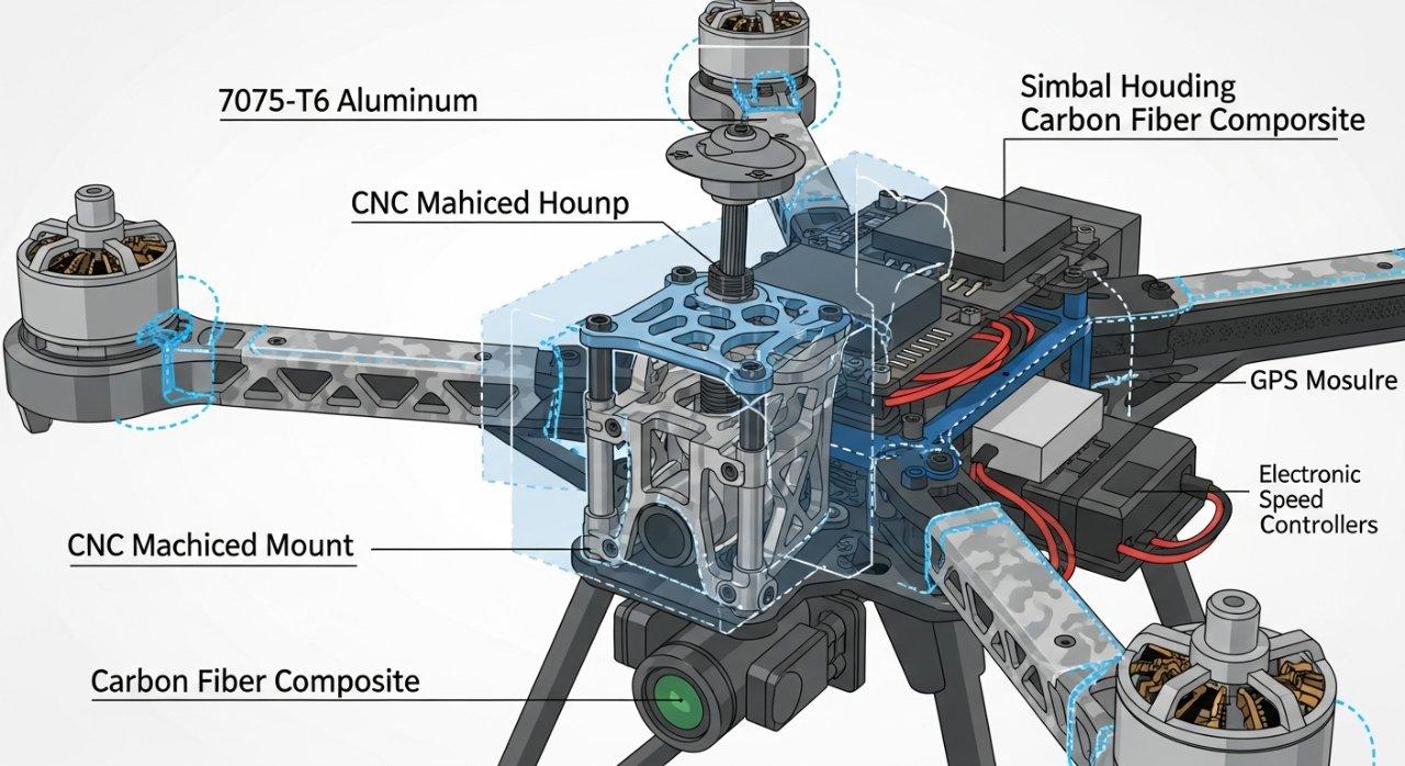 Yüksek performanslı drone iç bileşenlerini gösteren detaylı vektör grafik, motor montajları, gimbal muhafazası ve iniş takımı bağlantıları gibi CNC işlenmiş parçaları vurgular. Metin etiketleri, kritik tolerans bölgelerini ve malzeme özelliklerini gösterir, gelişmiş drone tasarımı için hassas mühendisliği sergiler.