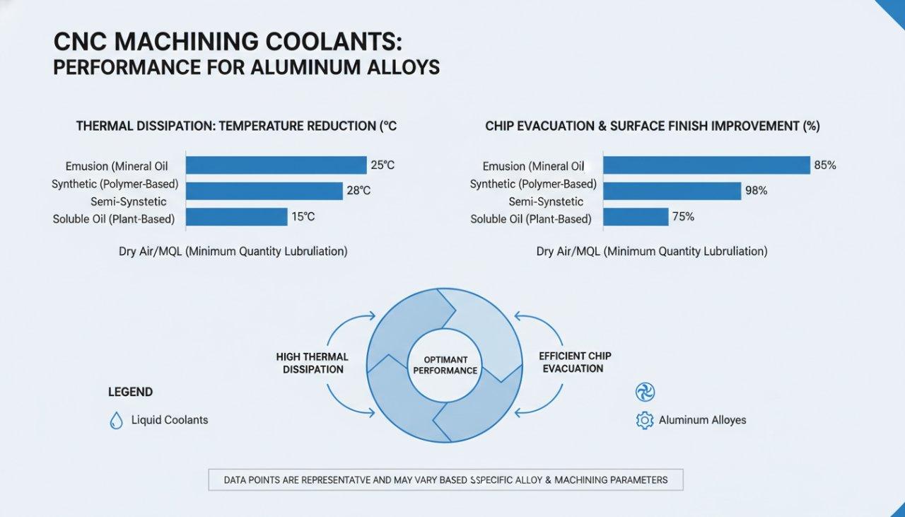 Eine detaillierte Vektor-Infografik, die verschiedene CNC-Schneidmittel vergleicht und ihre Wirksamkeit bei Wärmeableitung und Späneabfuhr hervorhebt