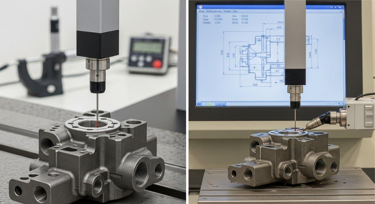Une vue détaillée d'une pièce usinée au CNC en cours d'inspection de qualité précise avec une Machine de Mesure Tridimensionnelle (MMT) ou un comparateur optique, mettant en évidence les outils avancés utilisés pour une vérification dimensionnelle méticuleuse et le contrôle qualité en fabrication.