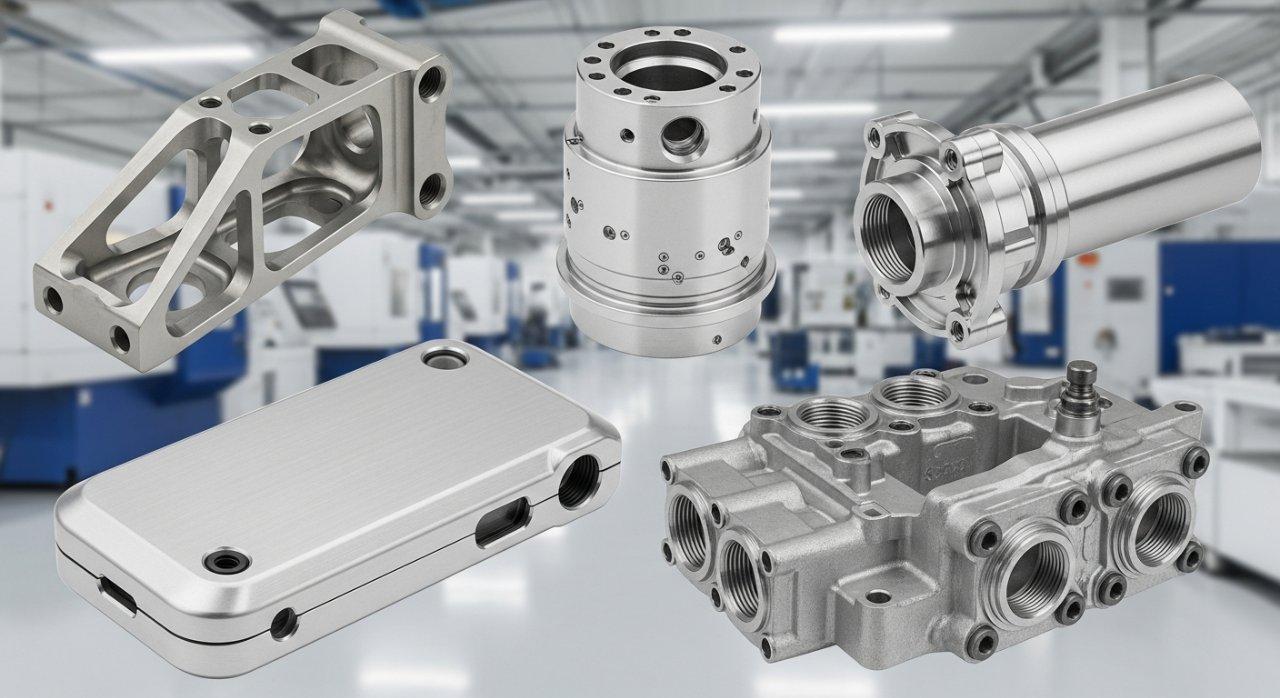 Un collage diversifié de pièces usinées au CNC de haute précision, comprenant un support aérospatial, un composant de dispositif médical, un boîtier d'électronique grand public et une pièce automobile, démontrant efficacement les capacités de fabrication polyvalentes de l'usine et son engagement envers l'ingénierie de précision dans plusieurs industries.