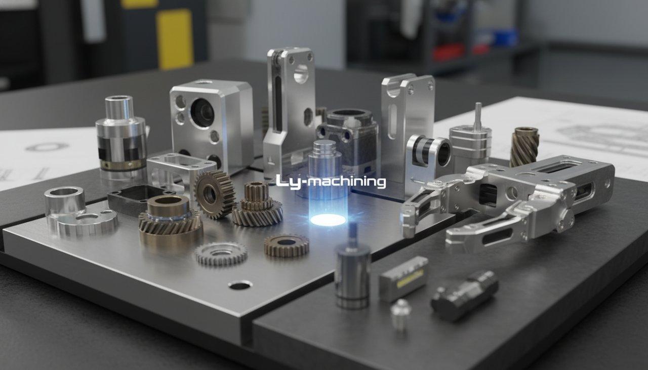 A diverse collection of high-precision robotic components, including sensor housings, end-effector parts, gear components, and intricate joint mechanisms, all expertly manufactured by ly-machining. This image highlights their advanced manufacturing capabilities and product variety.