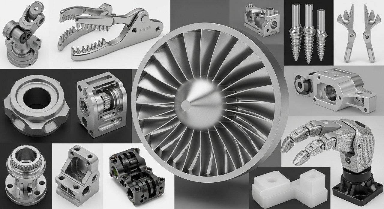 Eine vielfältige Sammlung hochkomplexer CNC-gefertigter Teile, die extrem präzise Komponenten für die Luft- und Raumfahrt, z.B. Turbinenschaufeln, medizinische