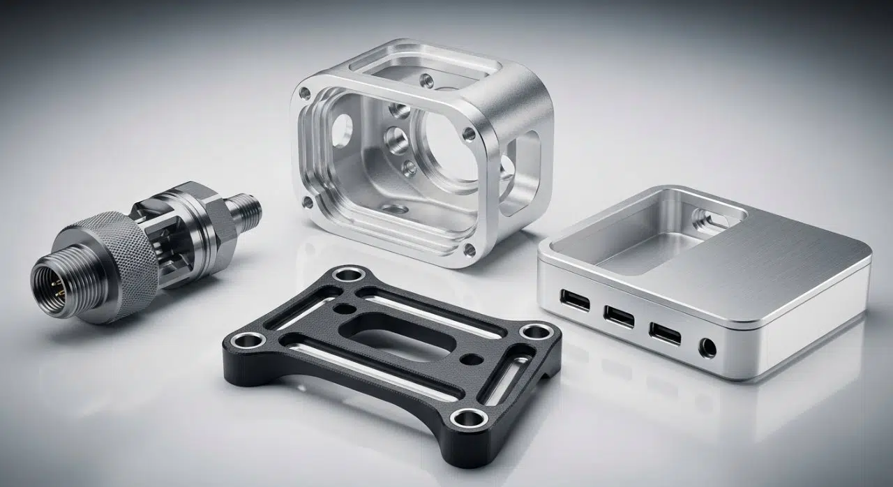 Eine vielfältige Sammlung hochpräziser kundenspezifischer Aluminium-CNC-Teile, die komplexe Komponenten für verschiedene Branchen präsentieren. Zu den gezeigten Objekten gehören ein kleiner Luft- und Raumfahrtstecker, ein Gehäuse für medizinische Geräte, eine Automobilhalterung und ein elegentes Gehäuse für Unterhaltungselektronik. Das Bild hebt unterschiedliche Oberflächenbehandlungen hervor, wie anodisiert und naturbelassen, sowie komplexe Geometrien, die Vielseitigkeit und Präzision in der Fertigung demonstrieren.