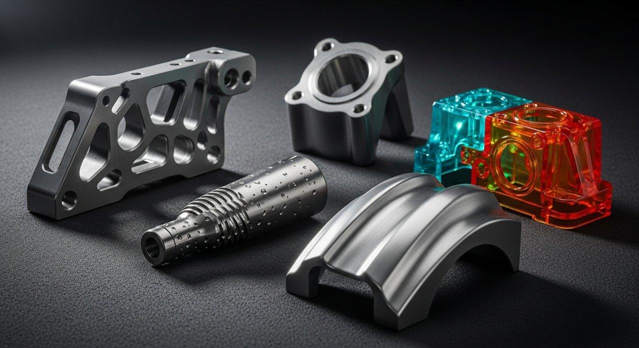 A diverse collection of perfectly machined custom CNC parts, artfully arranged to showcase various materials, surface finishes, and complex designs. The array includes an aerospace aluminum bracket, a medical-grade titanium implant, an automotive stainless steel component, and an intricate plastic housing, highlighting advanced manufacturing precision.