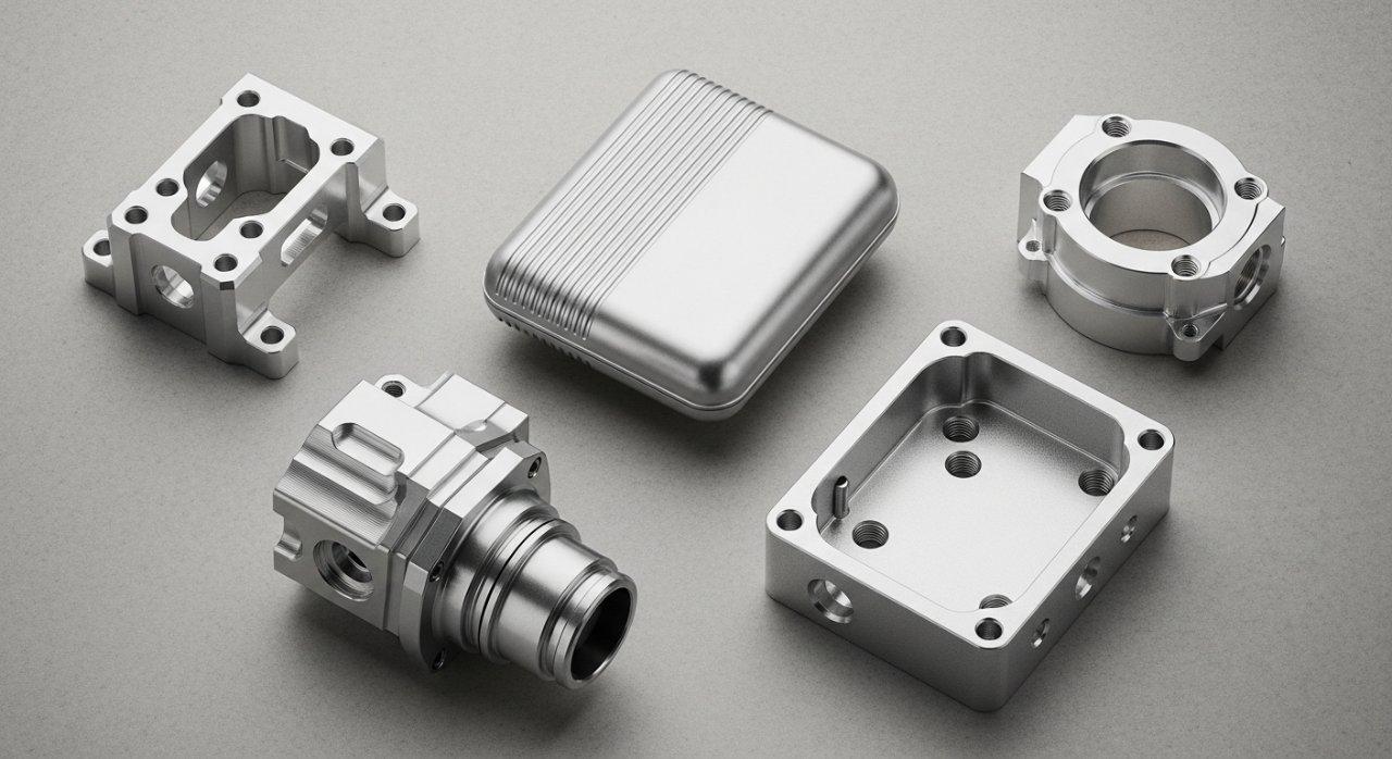 Eine vielfältige Sammlung von präzise bearbeiteten Aluminiumkomponenten, die Teile für verschiedene Branchen zeigen, wie z.B. Luft- und Raumfahrthalterungen, Gehäuse für medizinische Instrumente, Sensor-Komponenten für die Automobilindustrie und Elektronikgehäuse. Jedes Stück hebt makellose Oberflächenfinishs und enge Toleranzen hervor.