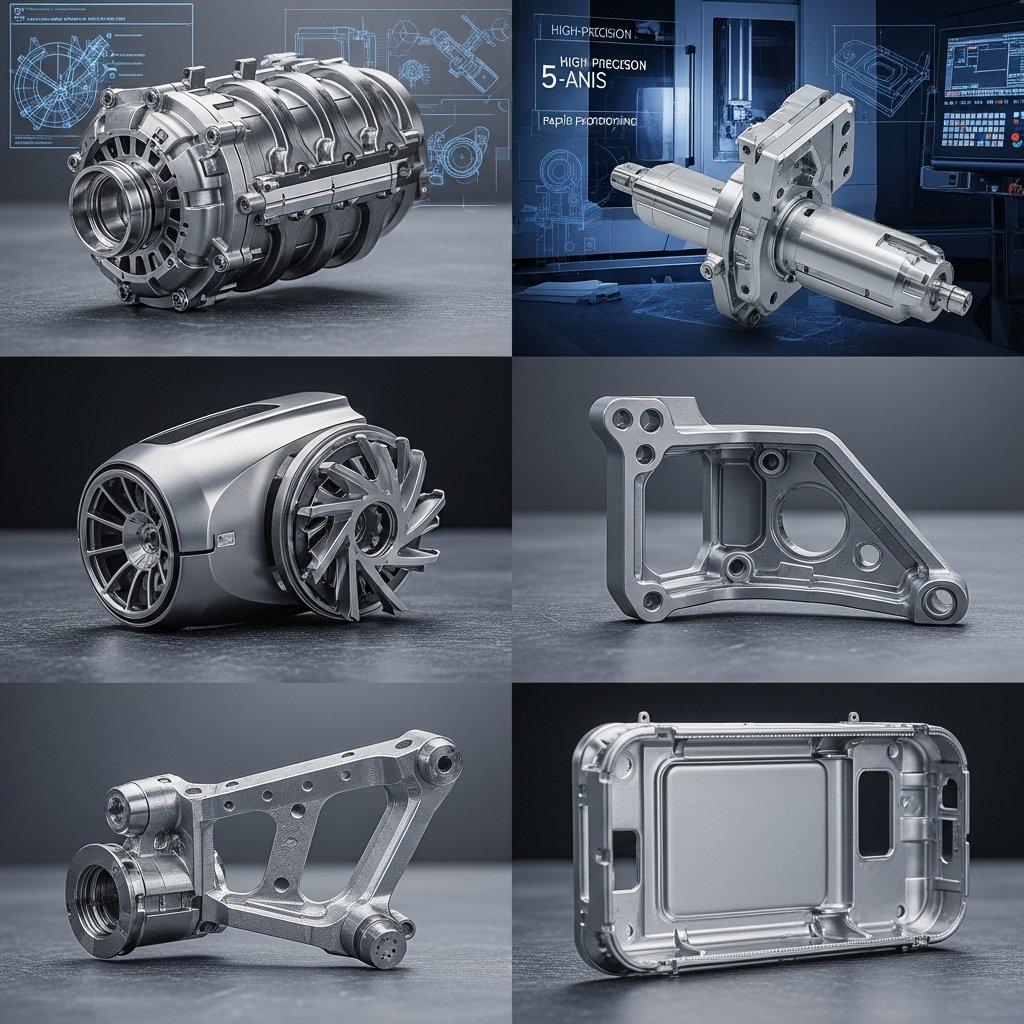 Eine dynamische und futuristische Collage, die komplexe CNC-gefertigte Prototypen zeigt, darunter ein elegantes Automobilmotorenteil, eine präzise medizinische Instrumentenkomponente, eine komplexe Luft- und Raumfahrtbefestigung und ein detailliertes Gehäuse für Unterhaltungselektronik. Diese hochpräzisen Rapid-Prototyp-Ergebnisse werden kunstvoll auf einer Werkbank präsentiert, mit einer 5-Achs-CNC-Maschine und digitalen Schemas im Hintergrund, die fortschrittliche Fertigungstechnologie betonen.