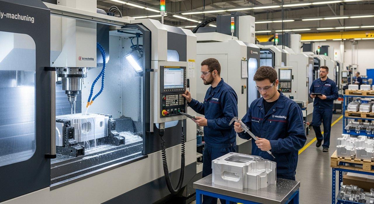 A dynamic factory floor scene at ly-machining, showcasing modern, high-precision 5-axis CNC machines actively machining aluminum blocks. Skilled technicians in professional uniforms meticulously monitor large-scale precision aluminum CNC manufacturing operations, highlighting advanced technology and precision.