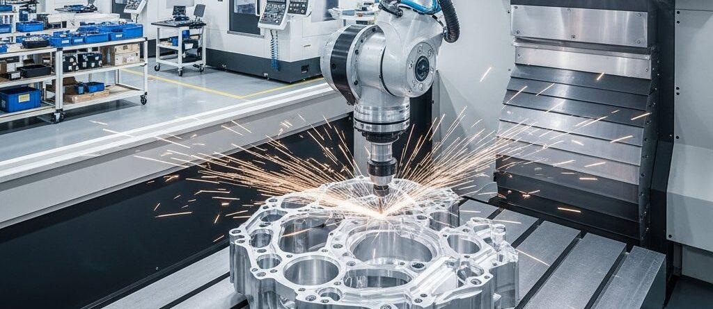 Eine dynamische Hochwinkelaufnahme zeigt eine hochmoderne Multi-Achsen-CNC-Maschine in Betrieb, die eine Präzisionsschnitte mit subtilen Funkenflug durchführt 1 e1763362987843