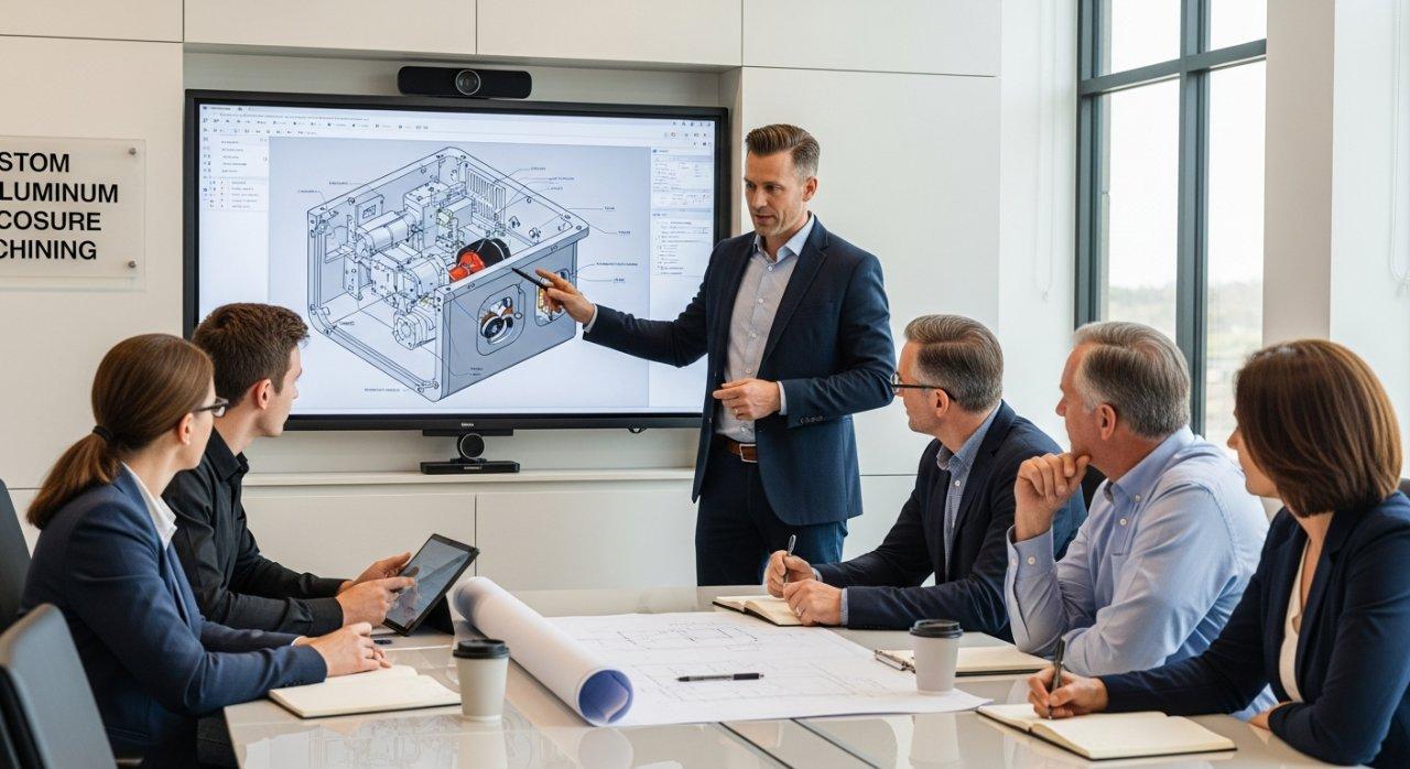 A dynamic, professional shot of a ly-machining technical expert (engineer) actively engaging with a diverse group of clients in a clean, modern meeting room. They are collaboratively discussing a blueprint or 3D model of a custom aluminum enclosure on a large screen, emphasizing expertise in Custom Aluminum Enclosure Machining and problem-solving.
