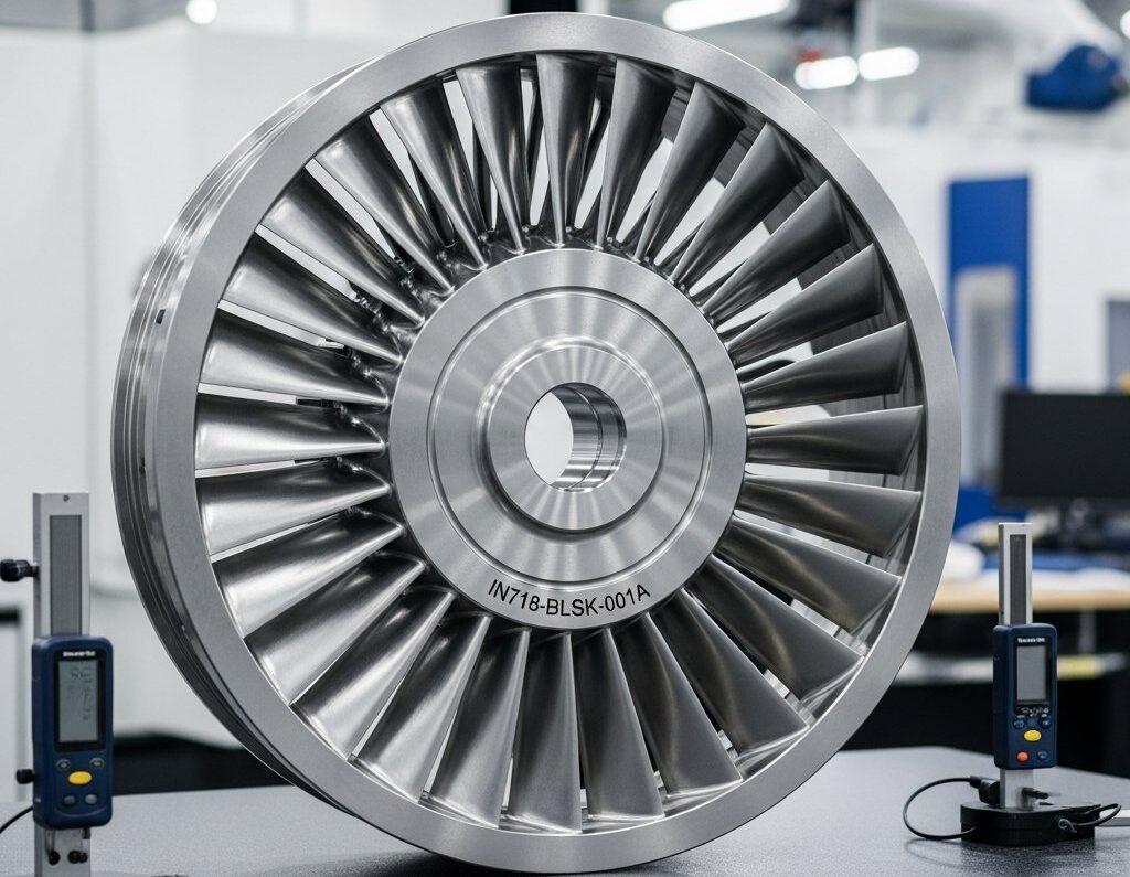 Ein glänzendes, komplexes Luft- und Raumfahrtbauteil, präzise gefertigt aus einem hochwertigen Legierung wie Inconel, mit filigranen Merkmalen, engen Toleranzen und