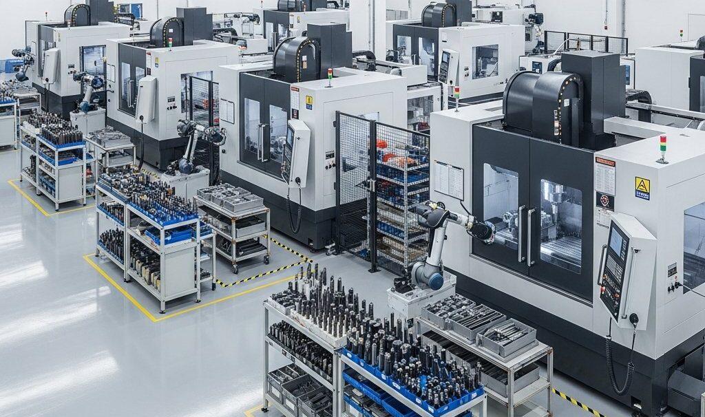 Eine hochwinkelige, hell erleuchtete Aufnahme eines modernen, sauberen CNC-Bearbeitungswerks. Mehrere fortschrittliche 5-Achs-CNC-Maschinen sind aktiv im Betrieb, Demonstration 1 e1764144475479