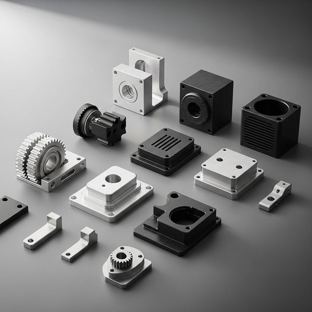 Yüksek açıdan profesyonel stüdyo çekimi, alüminyum, ABS ve paslanmaz çelikten yapılmış çeşitli karmaşık, yüksek hassasiyetli hızlı prototip parçalarını gösteriyor. Bu hızlı prototipler, şık ve minimalist bir yüzeyde sanatkarane düzenlenmiş olup, detayları ve üstün kaliteleri ön plana çıkıyor.