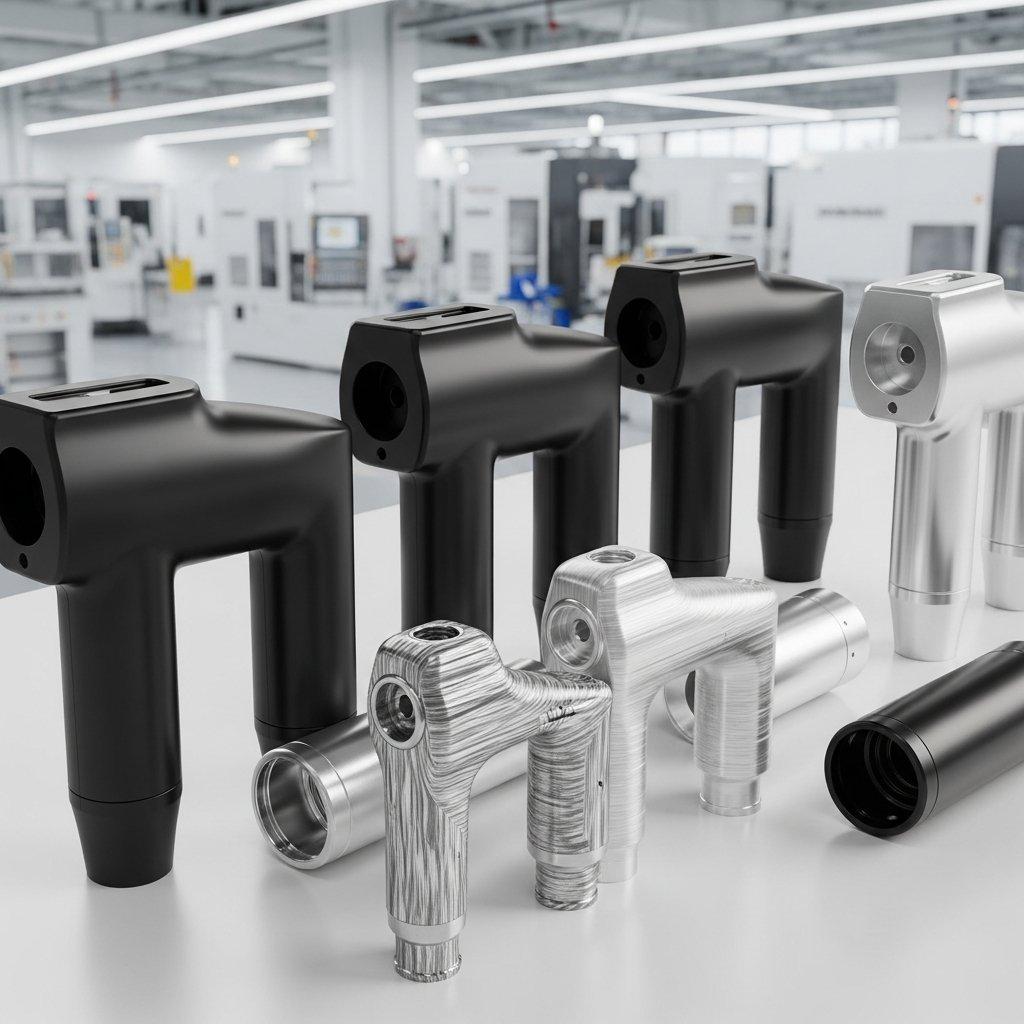 Yüksek açıdan stüdyo kalitesinde fotoğraf, çeşitli üretim aşamalarında hassas CNC işlenmiş metal masaj tabanca kabuklarını gösteriyor, farklı yüzey özellikleriyle dikkat çekiyor.