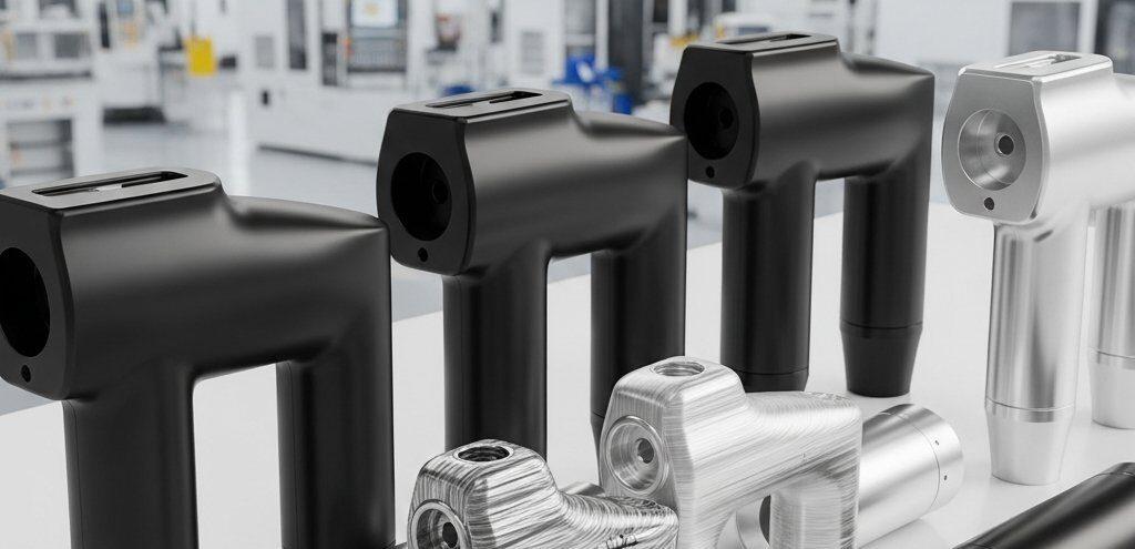 CNC Masaj Tabancası Muhafazaları: Malzeme Seçimi ve Performans Optimizasyonu Üreticiler İçin Farklı üretim aşamalarında, mat siyah anodize, fırçalanmış alüminyum ve ham CNC işlenmiş dokular dahil olmak üzere belirgin yüzey bitişleriyle yüksek açı, stüdyo kalitesinde hassas işlenmiş metal masaj cihazı kasalarının çeşitli üretim aşamalarını gösteren bir fotoğraf.