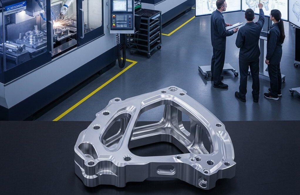 A high-angle view of a modern factory floor, showcasing multiple state-of-the-art 5-axis CNC machines in operation. In the foreground, a perfectly machined, intricate metal custom CNC part highlights the precision. Engineers in the background review designs on monitors, illustrating the blend of advanced manufacturing technology and human expertise.