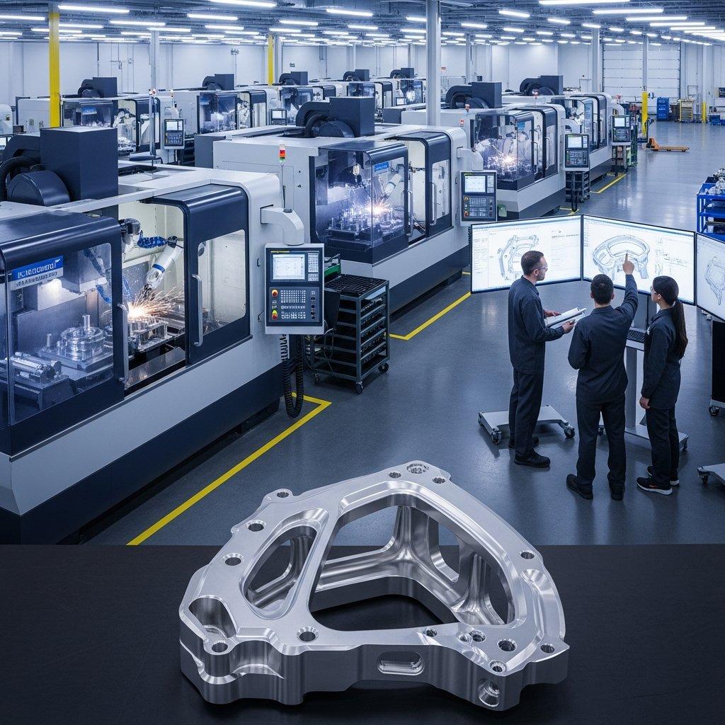 A high-angle view of a modern factory floor, showcasing multiple state-of-the-art 5-axis CNC machines in operation. In the foreground, a perfectly machined, intricate metal custom CNC part highlights the precision. Engineers in the background review designs on monitors, illustrating the blend of advanced manufacturing technology and human expertise.
