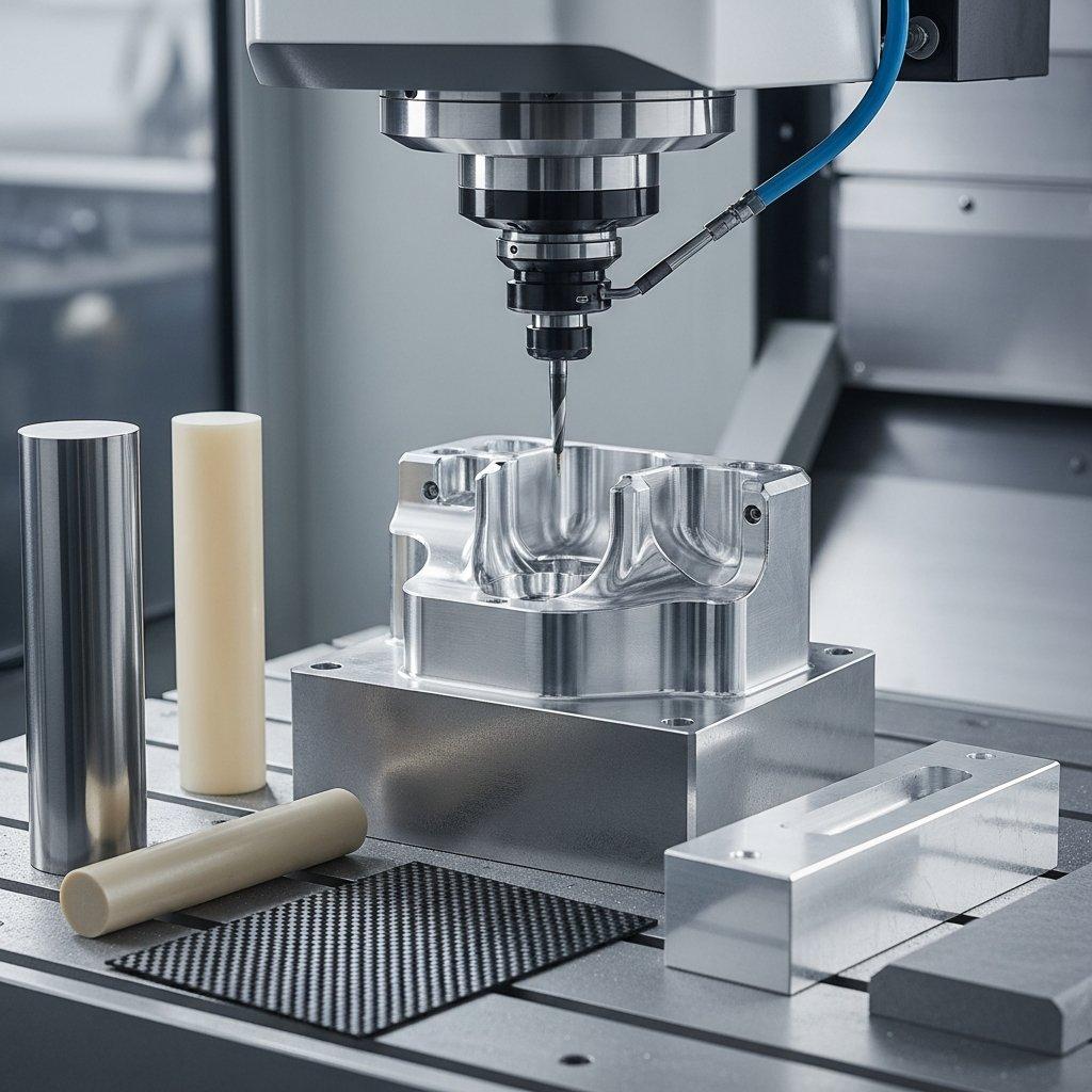 Modern çok eksenli CNC makinesinin yüksek açıdan görünümü, karmaşık ve pürüzsüz yüzeyli metal parçayı hassas bir şekilde frezen gösteriyor. Yakınlarda titanyum, PEEK, karbon fiber kompozit ve alüminyum gibi çeşitli ham malzeme örnekleri sergileniyor, gelişmiş üretim ve malzeme esnekliğini vurguluyor.