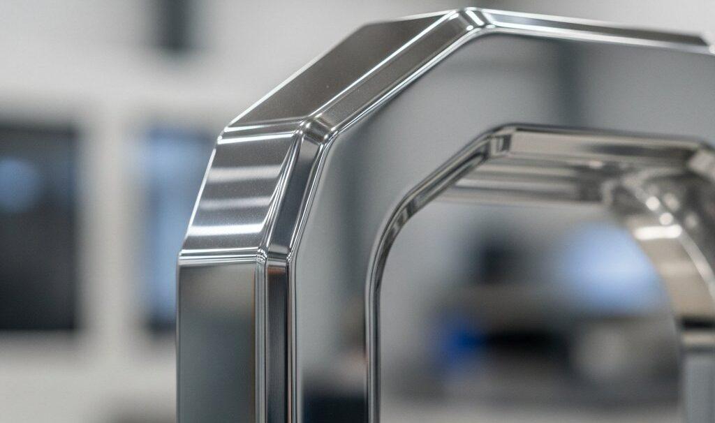 Maîtriser la rugosité de surface : Techniques d'usinage CNC de précision 1 Une photographie en gros plan, haute définition, d'une pièce métallique parfaitement lisse, avec une finition miroir, probablement en acier inoxydable ou en aluminium poli, montrant une absence de défauts