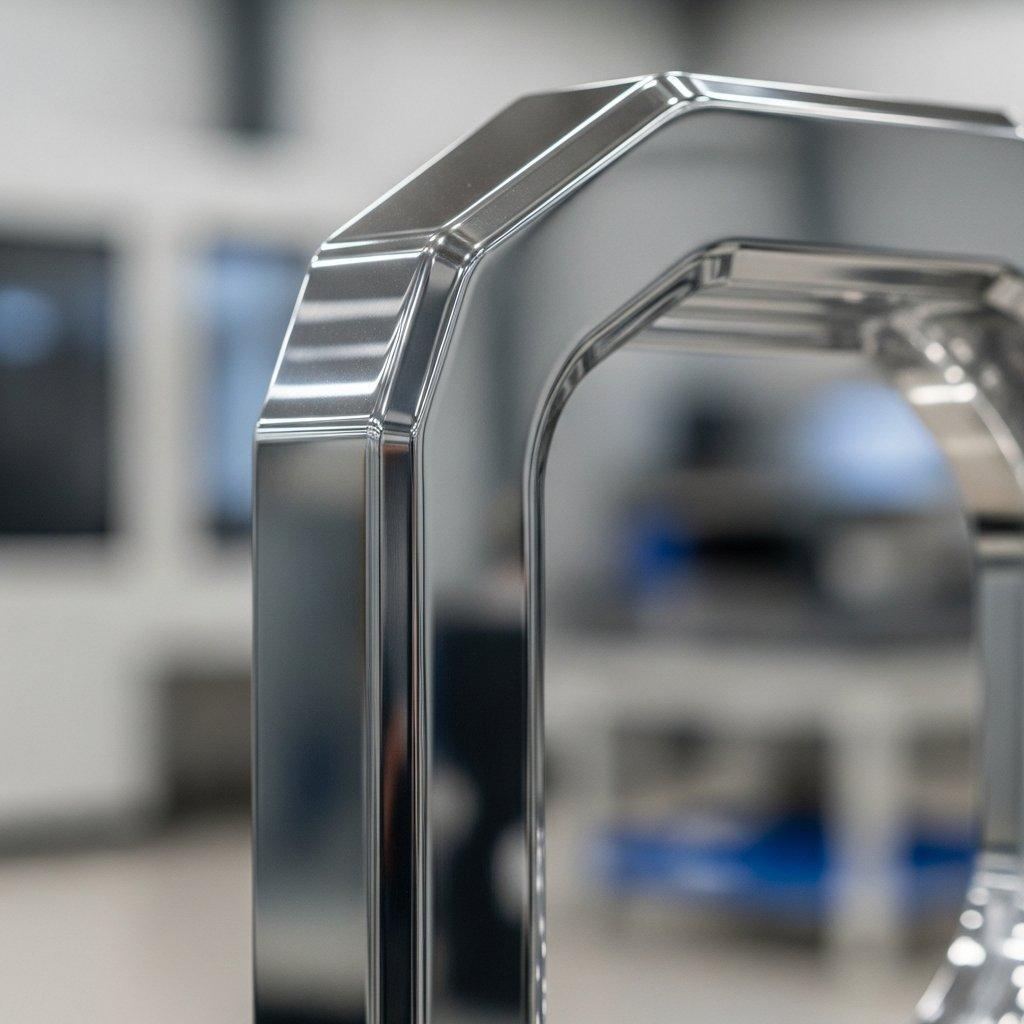 Une photographie en gros plan, haute définition, d'une pièce métallique parfaitement lisse, avec une finition miroir, peut-être en acier inoxydable ou en aluminium poli, exhibant une précision impeccable grâce à une usinage CNC avancé. La surface très raffinée reflète son environnement contre un fond industriel propre et flou.