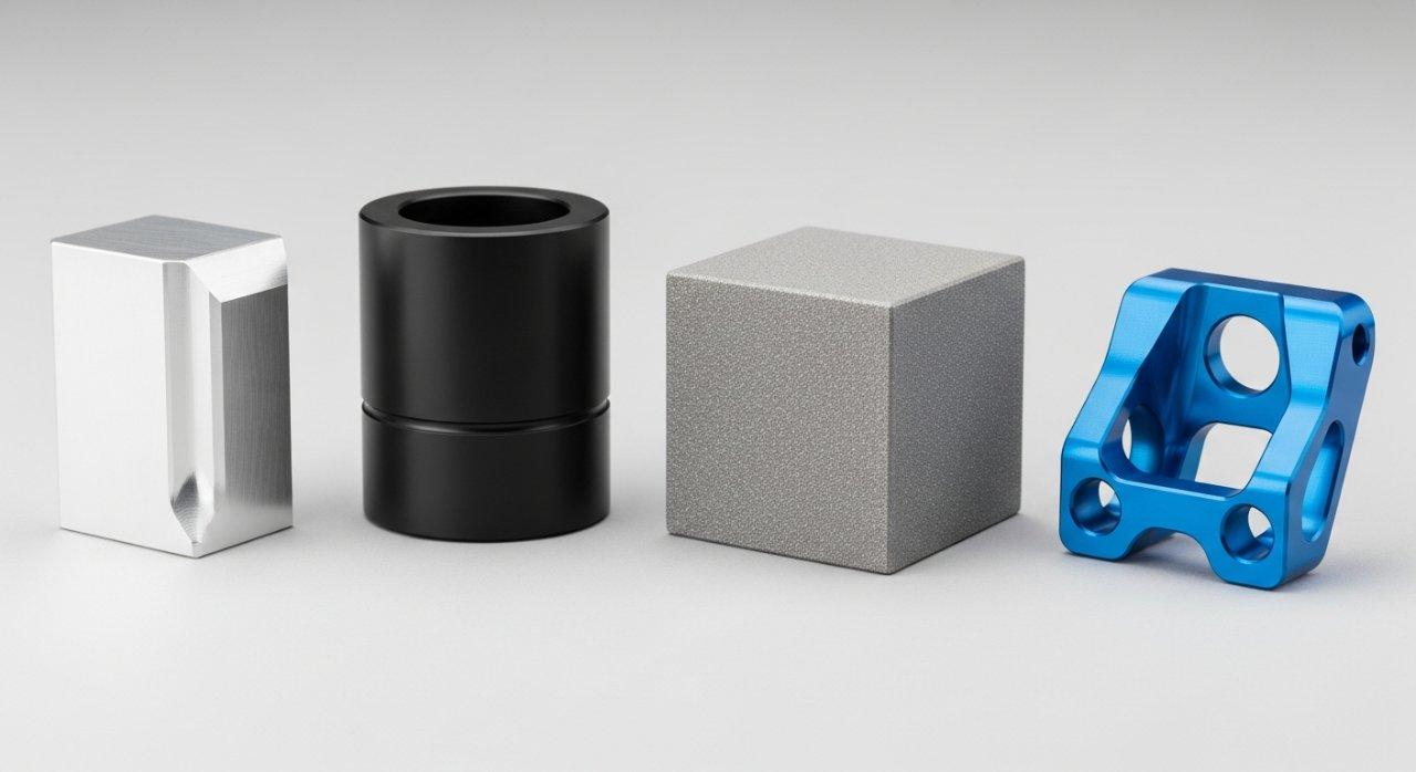 A high-precision product collection showcasing four distinct CNC machined aluminum parts, each with a unique surface finish: one sleek silver anodized, one durable black anodized, one modern bead blasted matte, and one vibrantly powder coated component. Highlights diverse aluminum finishing options for custom manufacturing and industrial applications.