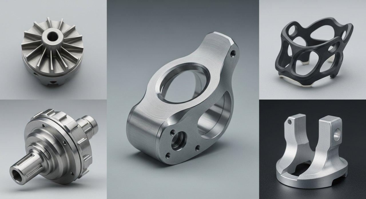 Un collage de alta calidad que muestra una colección diversa de piezas mecanizadas CNC de precisión, incluyendo una pala de turbina aeroespacial, un componente de implante médico