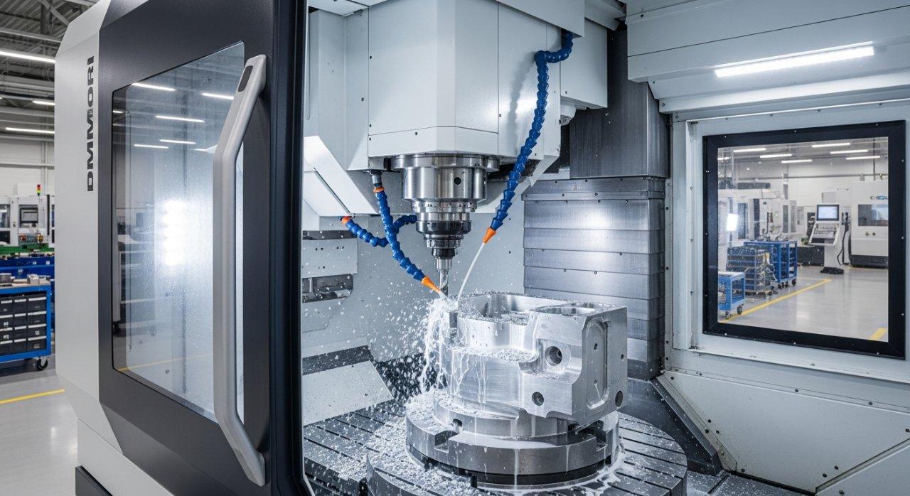 Ein hochwertiges Foto eines modernen 5-Achs-CNC-Bearbeitungszentrums, das aktiv an einem Aluminiumwerkstück schneidet und hohe Präzision sowie fortschrittliche Technologie zeigt. Kühlmittel fließen, Metallspäne fliegen, vor einem sauberen, gut beleuchteten, hochmodernen Fabrikumfeld.