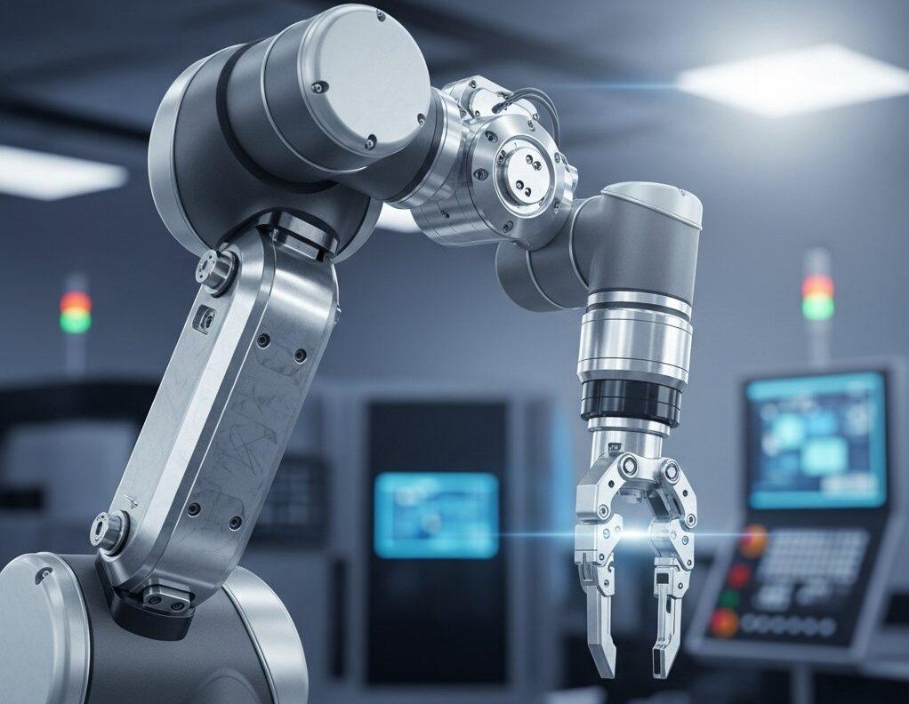 A high-resolution artistic rendering of a sleek, futuristic robotic arm crafted from intricately designed metallic CNC machined components. The image emphasizes the precision and complexity achievable with custom parts, set against a blurred background of a modern manufacturing environment.